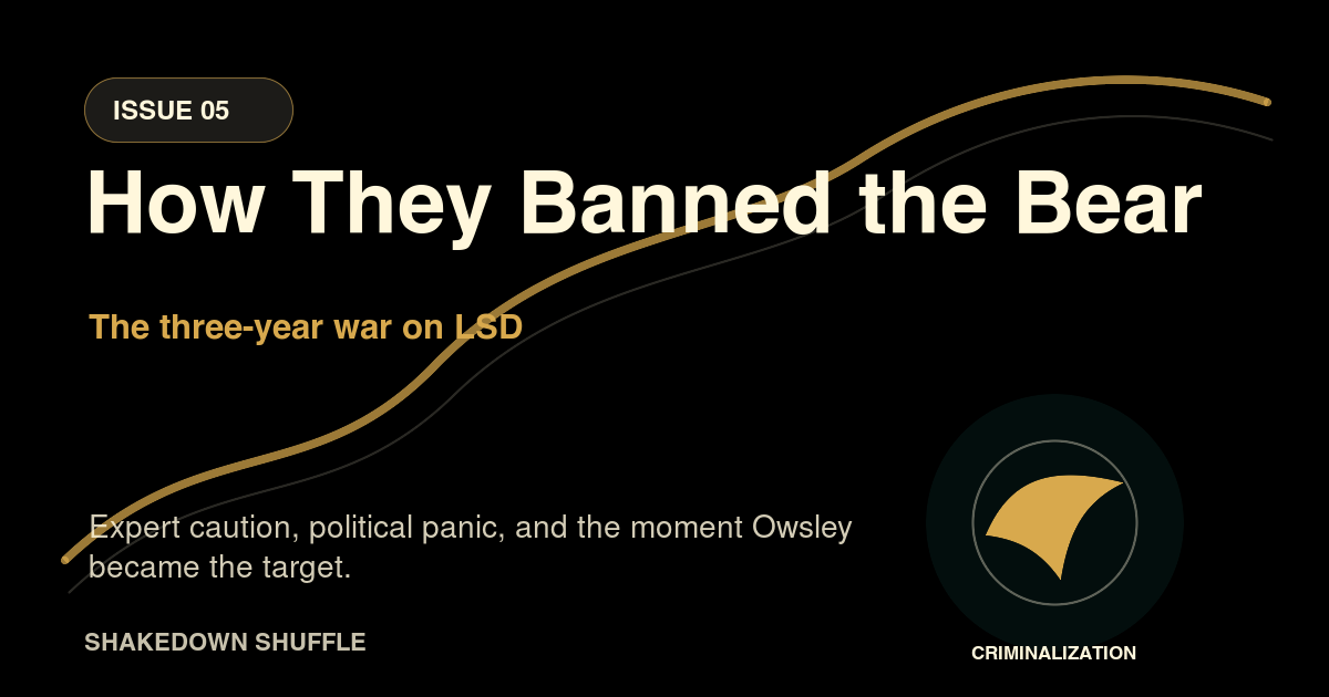 Black-and-gold How They Banned the Bear card with rising lines and an LSD criminalization emblem.