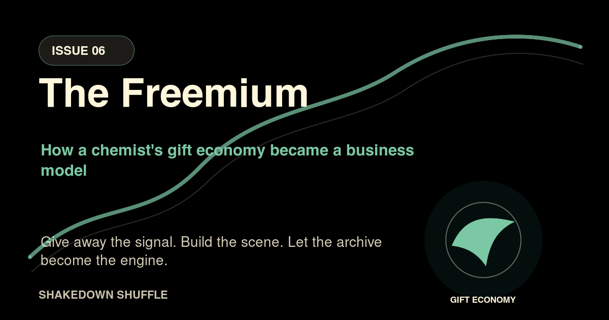 Black-and-mint The Freemium card with rising lines and a gift-economy emblem.