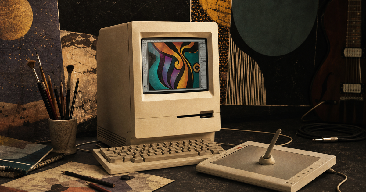 A stylus rests beside an early computer displaying abstract digital art, with brushes, papers, and a guitar nearby.