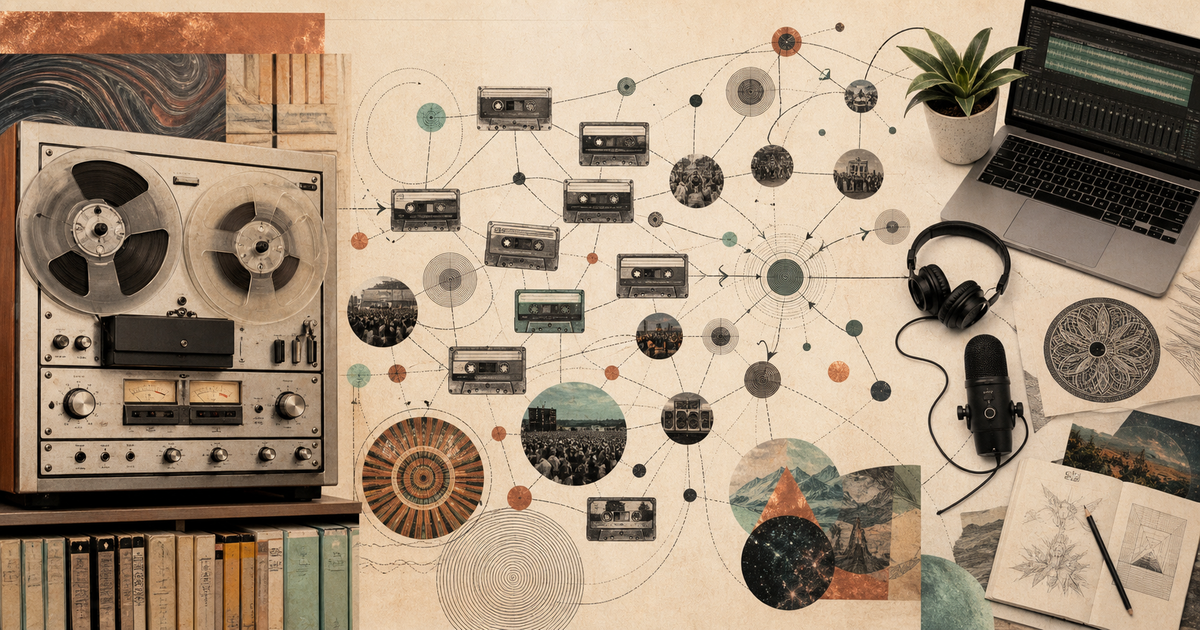 A reel-to-reel archive branches through cassette copies, listening communities, and modern creator tools.