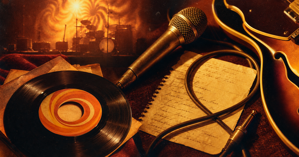 A soul record, stage microphone, guitar, and amber-lit setlist evoke a song becoming a lasting live ritual.