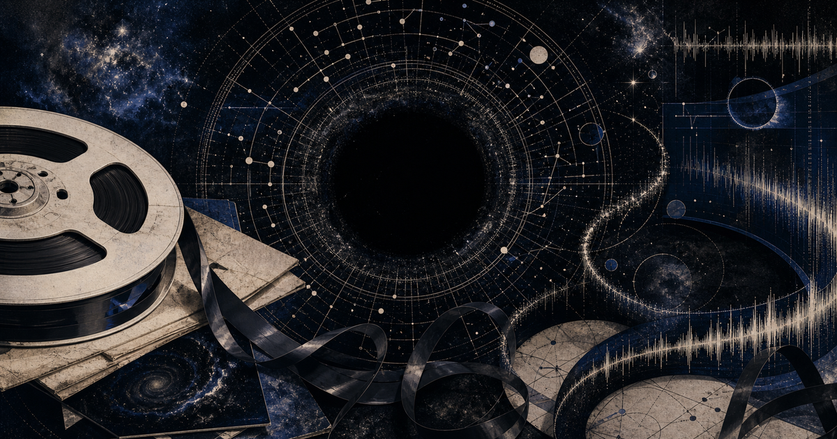 Reel tape, star charts, and waveforms orbit a deliberate black center representing improvisation shaped by absence.