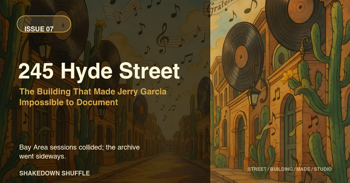 Illustrated street lined with oversized records, cacti, and floating musical notes for 245 Hyde Street.