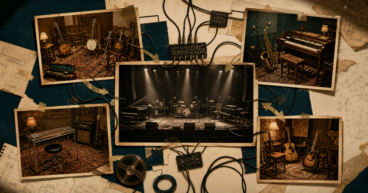 Four distinct rehearsal rooms feed bluegrass, country, jazz, and funk experiments into one central concert stage.