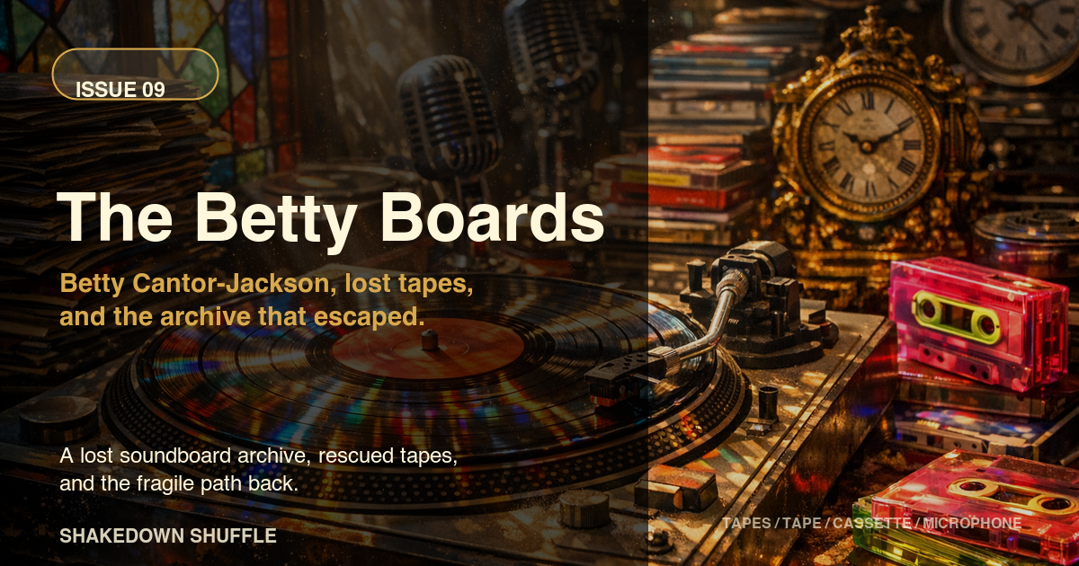 Vintage turntables, microphones, tape stacks, clocks, and bright cassettes illustrating The Betty Boards.