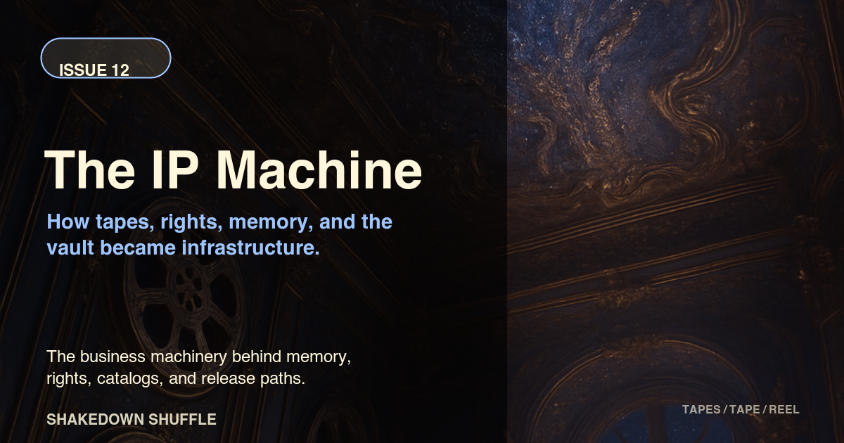Dark tape reel and marbled archive imagery illustrating The IP Machine.