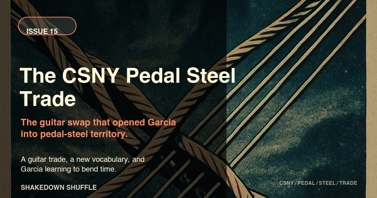 Close-up illustration of intersecting pedal-steel strings in teal, cream, and red.