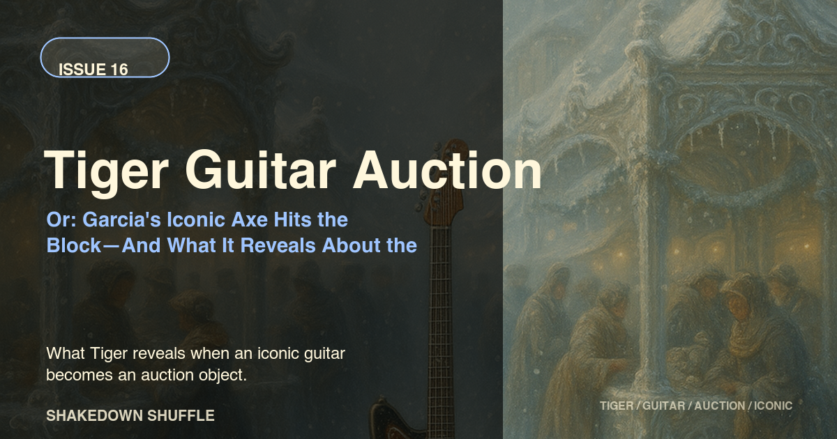 Shadowed guitar beside a misty auction-room scene for Tiger Guitar Auction.