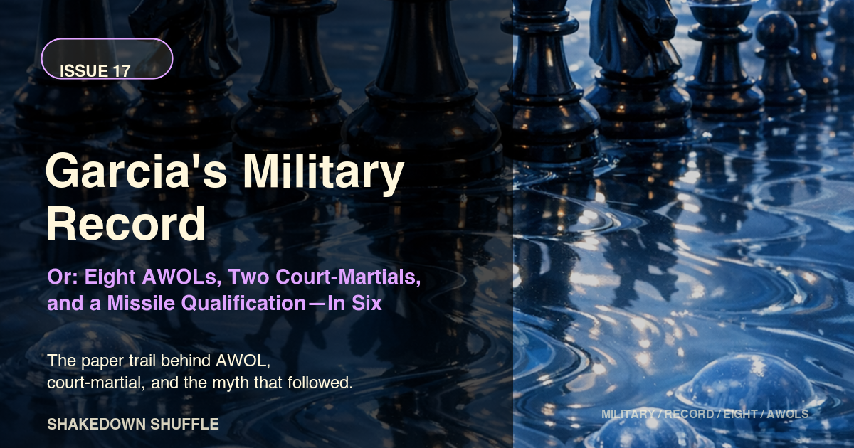 Glossy black chess pieces reflected in rippling blue water for Garcia's Military Record.
