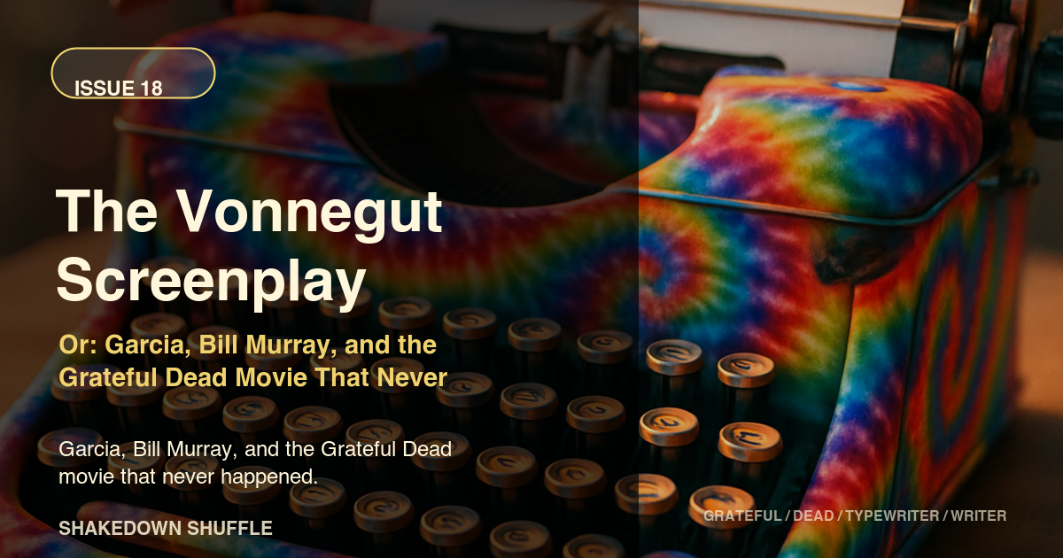 Rainbow tie-dyed typewriter illustrating Garcia's unrealized Vonnegut screenplay.