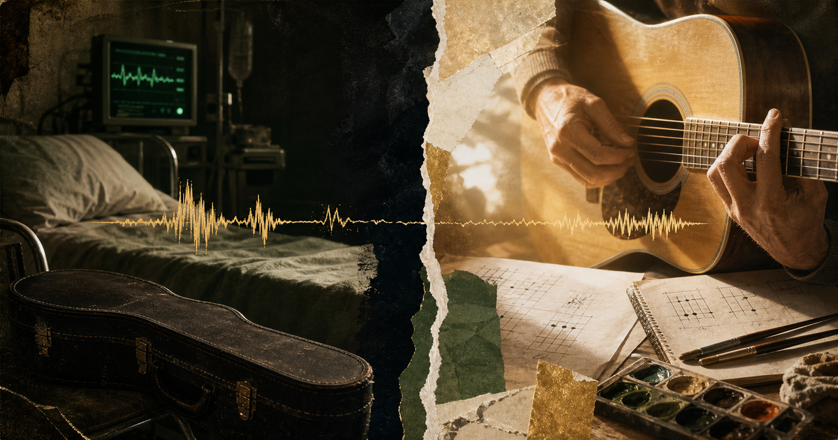A dark hospital room reconnects through a gold waveform to hands relearning guitar in warm morning light.