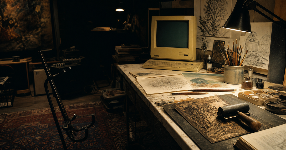 An empty guitar stand faces a private worktable layered with brushes, prints, and an early computer.