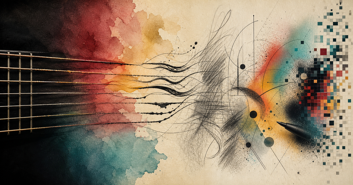Guitar strings dissolve into watercolor, ink, pencil, stylus marks, and pixels across a textured page.
