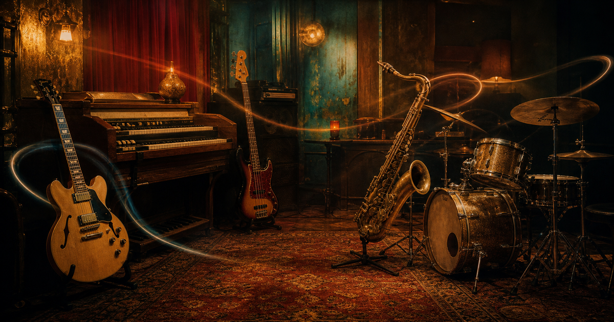 Guitar, organ, bass, saxophone, and drums share a small amber stage crossed by improvisational light trails.